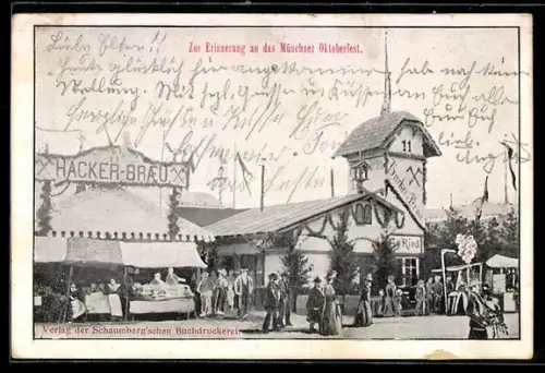 AK München, Szene auf dem Oktoberfest mit Stand für Hacker-Bräu