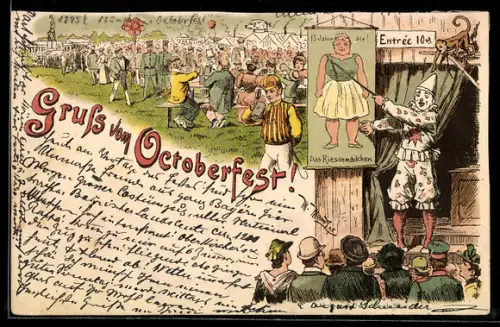 Vorläufer-Lithographie München, 1895, Oktoberfest, Pierrot zeigt auf das Riesenmädchen