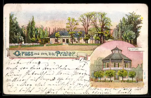 Lithographie Partie im Wiener Prater, Am Lusthaus