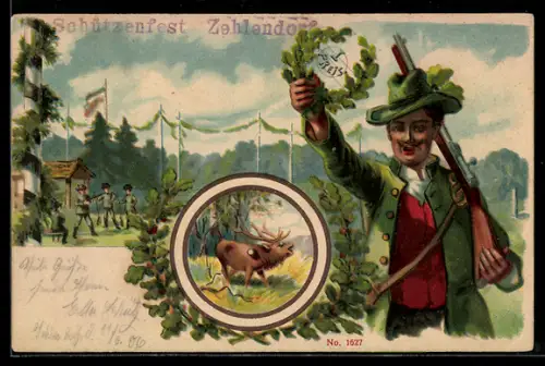 Lithographie Zehlendorf, Schützenfest, Jäger mit geschultertem Gewehr und Tier mit Blattschuss