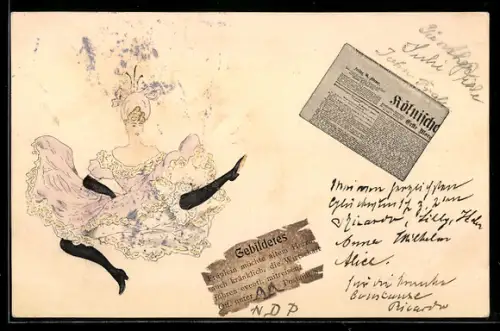 AK Zeitungsausschnitte und hübsche tanzende Dame die ihre Unterkleider entblösst