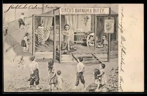 AK Zirkus Barnum & Bailey, Kleinkind neben Gewichten, Pierrot, Kind bricht durch eine Trommel