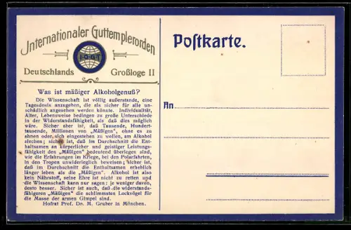 AK Was ist mässiger Alkoholgenuss?, Internationaler Guttemplerorden, I.O.G.T., Deutschlands Grossloge II