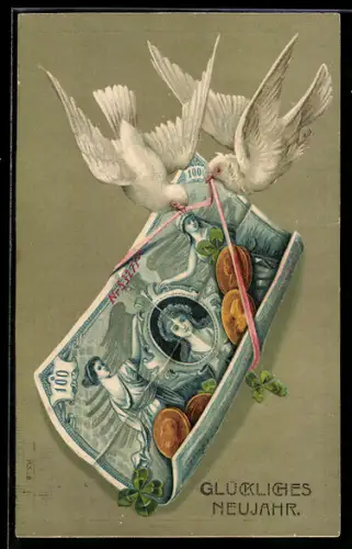 AK Tauben trage einen Geldschein und Münzen