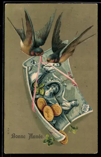 Präge-AK Zwei Vögel tragen Geldschein mit Münzen, Neujahrsgruss
