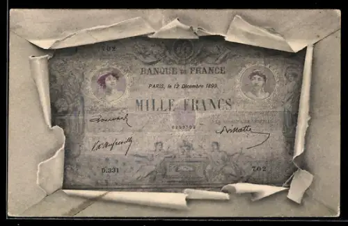 AK Eintausend Francs-Schein mit Briefumschlag-Passepartout