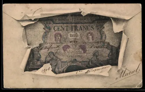 AK France, Geldschein durch zerrissenes Papier
