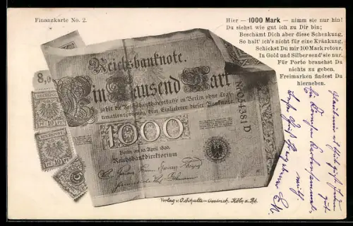 AK Geldschein über eintausend Mark mit Briefmarken