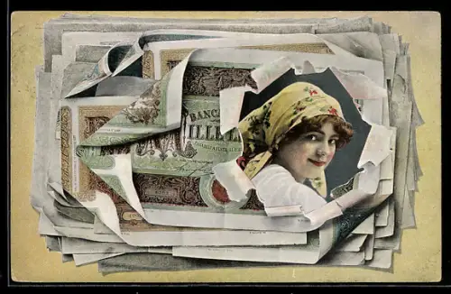 AK Junge Frau durch zerrissenen Geldschein