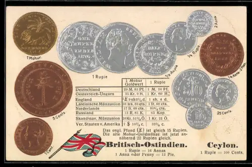 AK Britisch-Ostindien, Geldmünzen, Mohur und Rupien