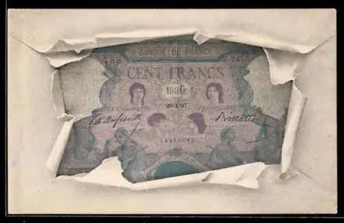 AK Geldschein Cent Francs in einem aufgerissenen Brief