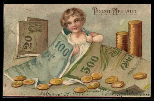 AK Kind mit Geldscheinen- und Münzen, Neujahrsgruss