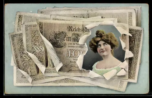 AK Porträt einer jungen Frau in einem Geldschein der Reichsbank