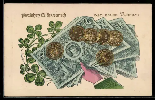 Präge-AK Hand mit Geldscheinen- und Münzen, Neujahrsgruss