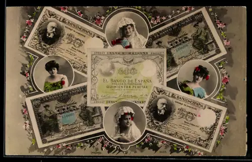AK Espana, Geldscheine und Frauenportraits