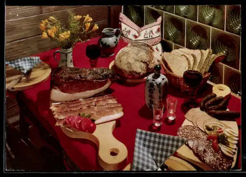 AK Schwarzwälder Bauernversper am Kachelofen mit Heidelbeerwein, Speise
