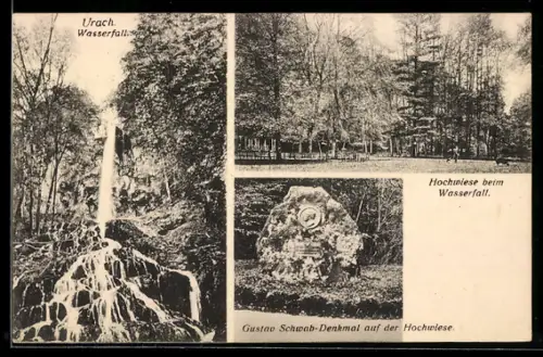 AK Urach, Wasserfall, Hochwiese, Gustav Schwab-Denkmal