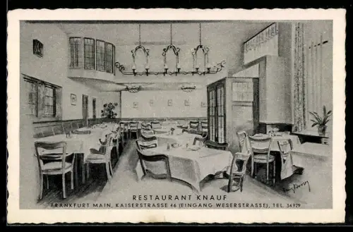 Künstler-AK Frankfurt /Main, Restaurant Knauf, Kaiserstrasse 46, Innenansicht