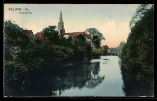 AK Telgte i. W., Emspartie mit Kirchturm