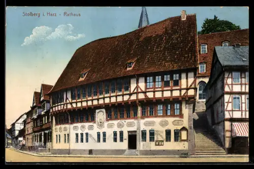 Lithographie Stolberg i. Harz, Rathaus mit Strasse