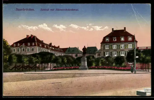AK Saarbrücken, Schloss mit Bismarckdenkmal