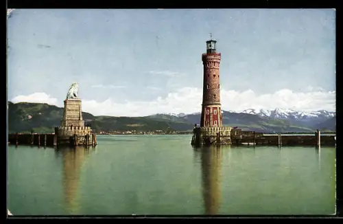 AK Lindau /Bodensee, Hafeneinfahrt mit Leuchtturm und Bayerischem Löwen