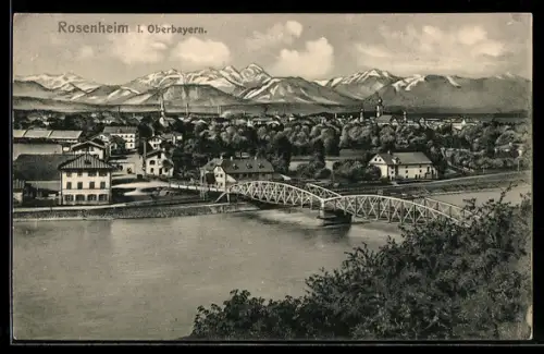 AK Rosenheim /Oberbayern, Stadtansicht mit Brücke und Alpenpanorama