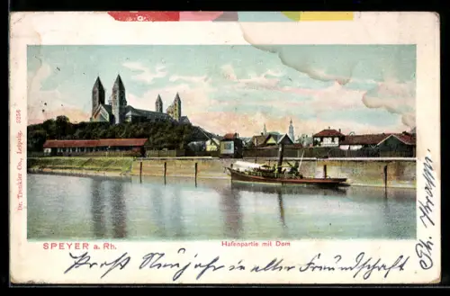 AK Speyer a. Rh., Hafenpartie mit Dom