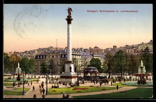AK Stuttgart, Schlossplatz, Jubiläumssäule, Brunnen, Parkanlagen