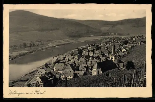 AK Zeltingen a. d. Mosel, Ortsansicht mit Kirche und Mosel