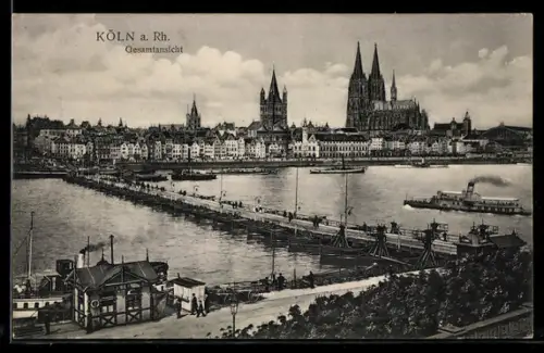 AK Köln a. Rh., Gesamtansicht, Rhein, Dom, Pontonbrücke