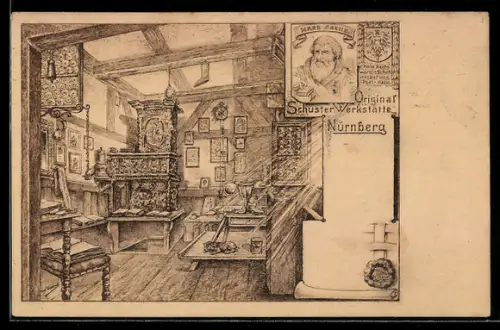 Künstler-AK Nürnberg, Original Schuster-Werkstatt