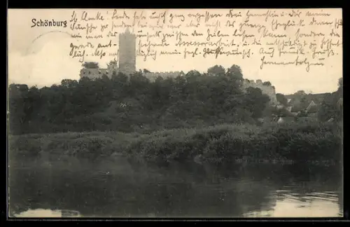 AK Schönburg, Burgansicht über der Saale