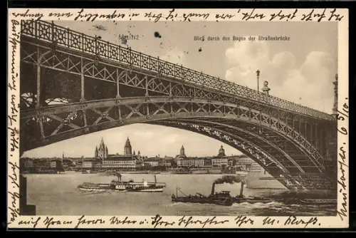 AK Mainz, Blick durch den Bogen der Strassenbrücke