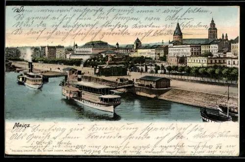 AK Mainz, Rheinpartie mit Dom und Schiffsanleger