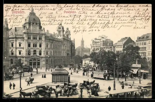 AK Dresden, Postplatz mit Strassenbahn