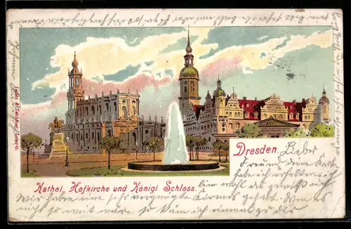 Lithographie Dresden, Katholische Hofkirche und Königliches Schloss