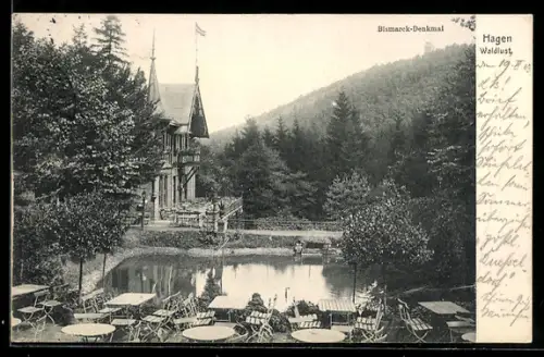 AK Hagen, Cafe Waldlust mit Bismarck-Denkmal