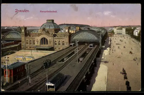 AK Dresden, Hauptbahnhof mit Strassenbahn