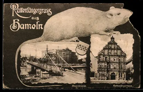 AK Hameln, Weserbrücke mit Rattenfängerhaus und Stadtwappen