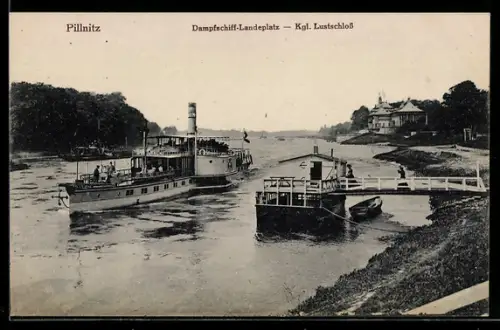 AK Dresden-Pillnitz, Dampfschiff-Landeplatz mit Königlichem Lustschloss