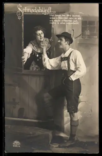 Foto-AK R & K / L Nr. 5006/4: Schnadahüpfl, Und wenn der Boa..., Junges Trachtenpaar