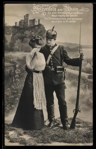 AK Stolzenfels am Rhein, junge Frau mit ihrem Mann in Uniform, Grenadier