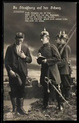 Foto-AK R & K / L Nr. 5022/4: Du Strassburg auf der Schnaz, Früh morgens..., Delinquent und Soldaten