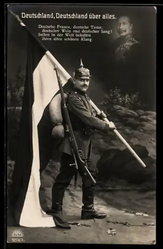 Foto-AK R & K / L Nr. 5274/3: Deutschland..., Deutsche Frauen..., Soldat mit Fahne, Kaiserportrait