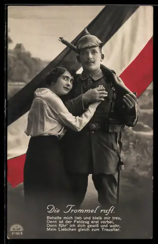 Foto-AK R & K / L Nr. 8348/5: Die Trommel ruft, Behalte mich lieb..., Soldat mit Braut und Fahne