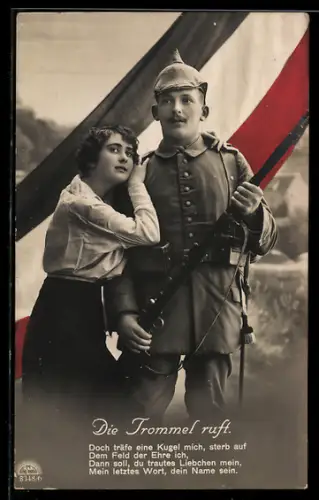 Foto-AK R & K / L Nr. 8348/6: Die Trommel ruft, Doch träfe eine Kugel..., Soldat mit Braut und Fahne