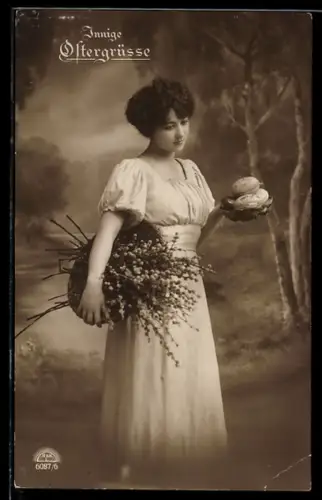 Foto-AK R & K / L Nr. 6087/6: Junge Dame mit Ostereiern u. Weidenkätzchen, Ostergruss