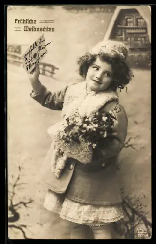 Foto-AK R & K / L Nr. 3955/4: Kleines Mädchen im Schnee, Weihnachtsgruss