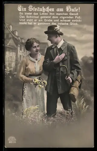 Foto-AK R & K / L Nr. 8953/6: Ein Sträusschen am Hute!, So bietet das Leben..., Junger Wanderer und Mädchen